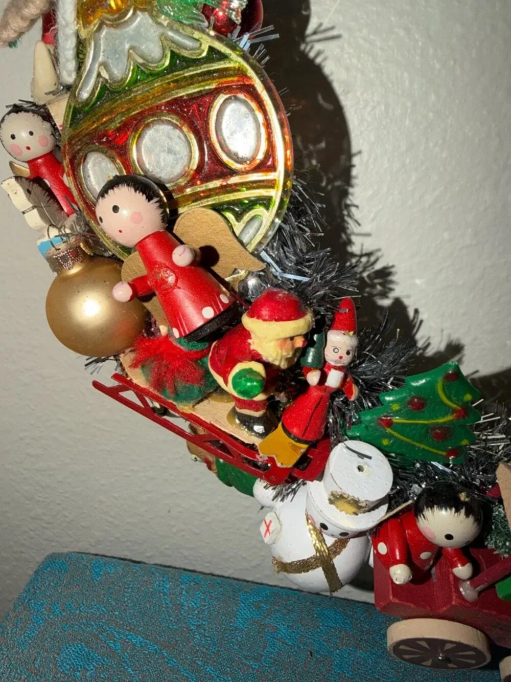Christmas Wreath handmade w/ Vintage Wooden, Porcelain and Stitched Ornaments